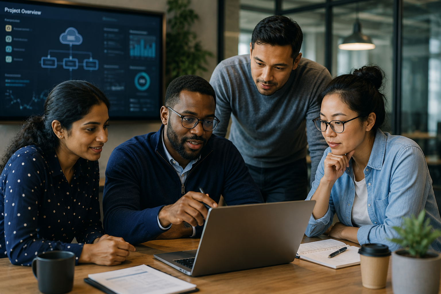 IT consultants collaborating around a laptop during a project planning session