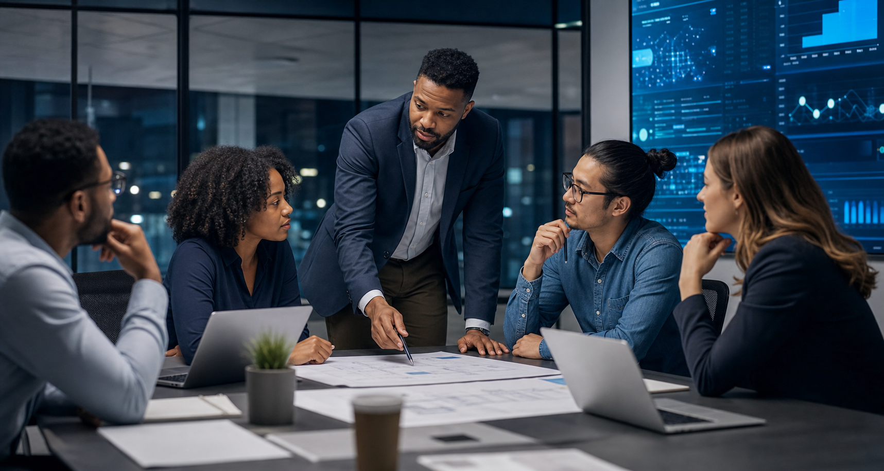 IT consultants reviewing technology plans together in a modern office