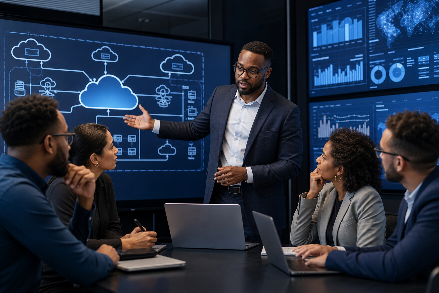 Consultant reviewing cloud architecture and infrastructure planning