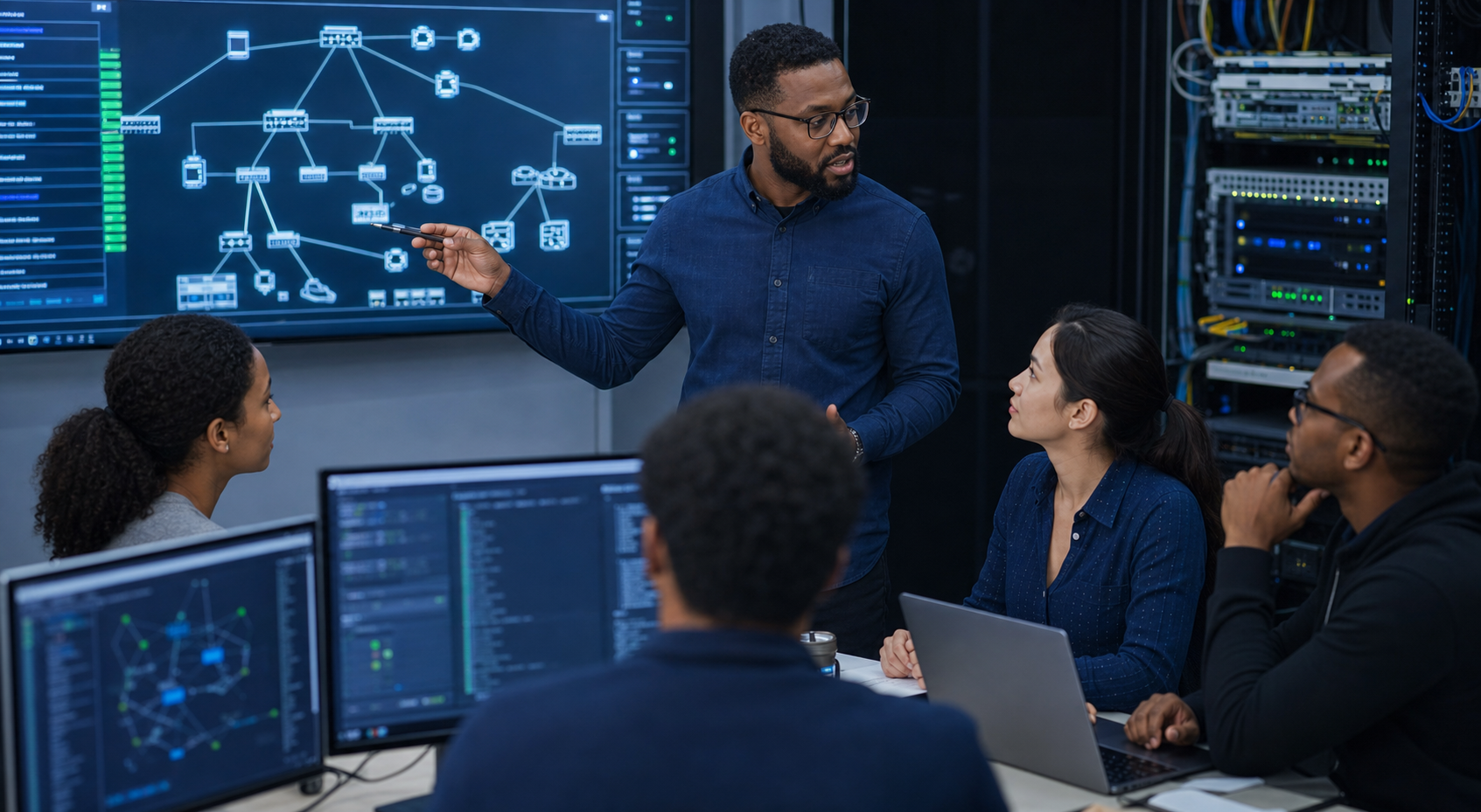 Network engineer and client reviewing network topology and reliability