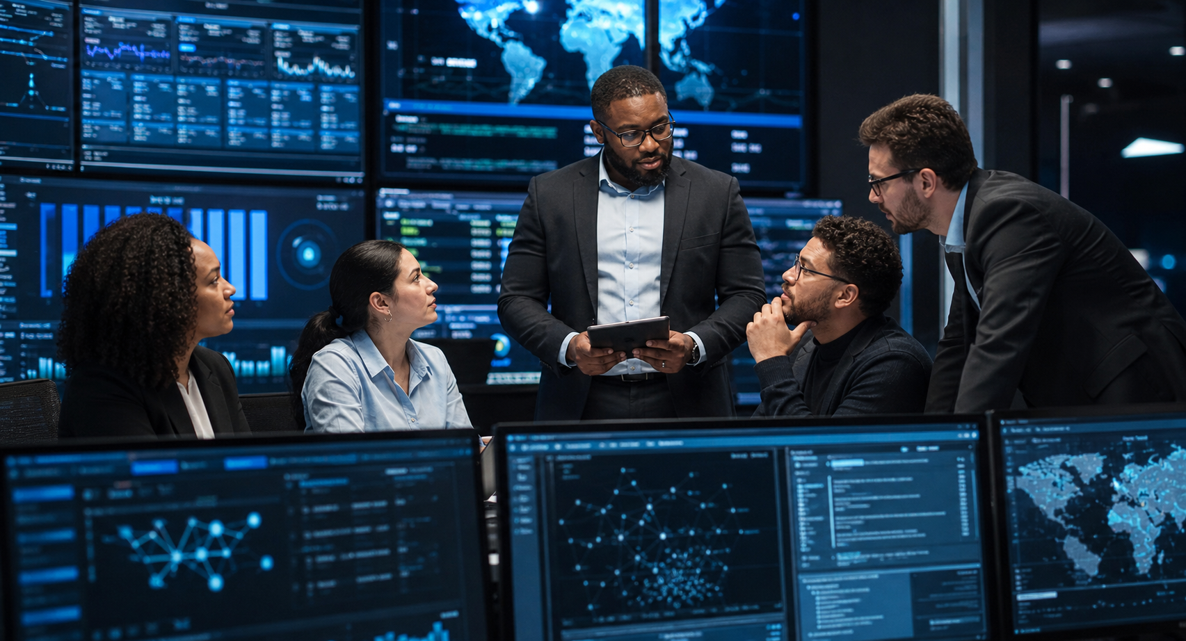 Cybersecurity consulting session reviewing secure access and risk dashboards