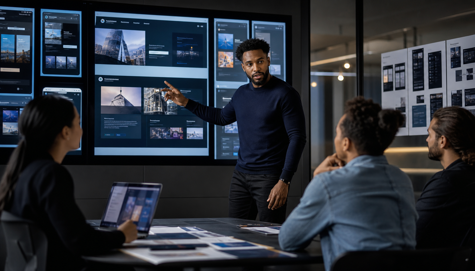 Consultant reviewing a premium business website and platform design with a client